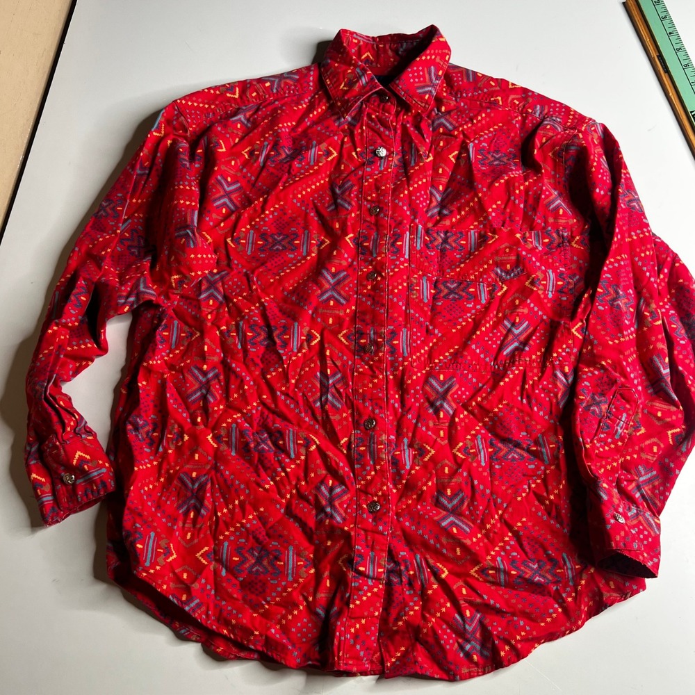 Barbara Blue Red Southwestern Geometric Print Button Down Shirt Vintage Western